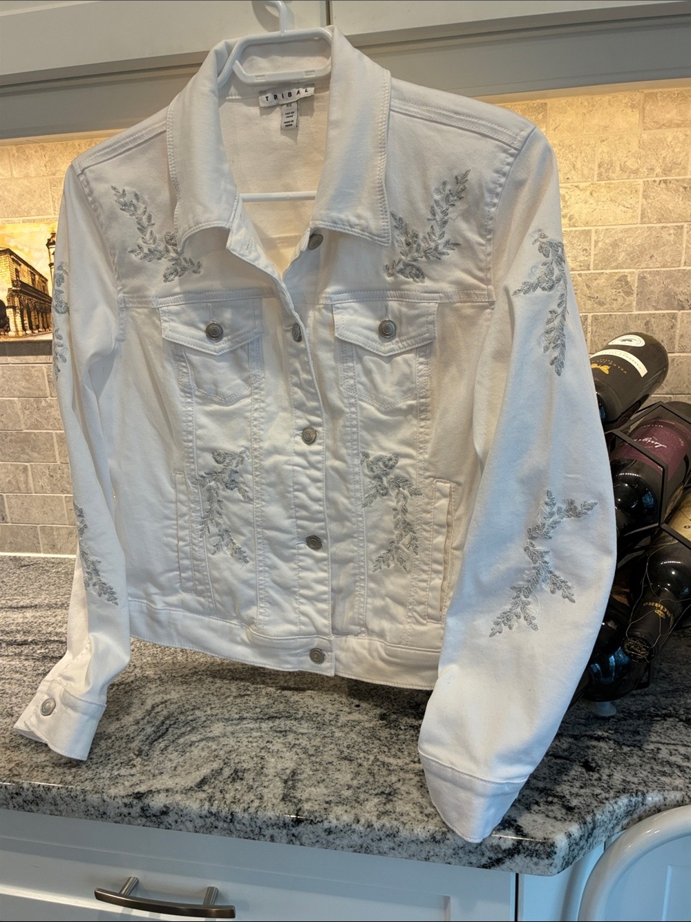 Tribal brand White Denim Jean Jacket with Gray Embroidery
  B20